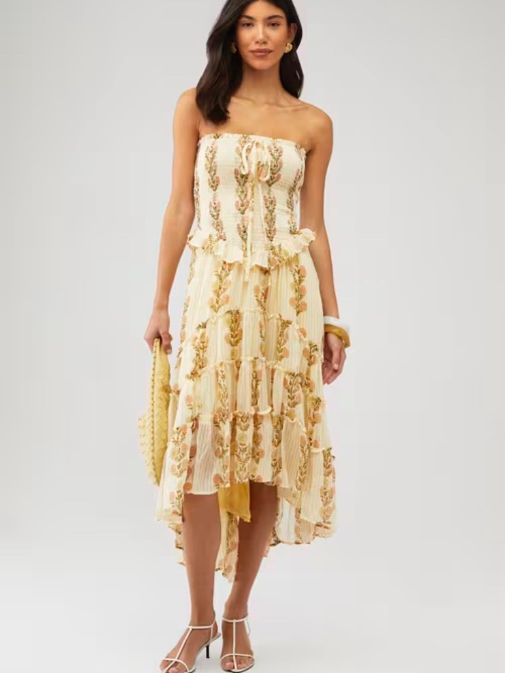 Free People Alejandra Tiered Floral Strapless Midi Dress Pale Yellow L